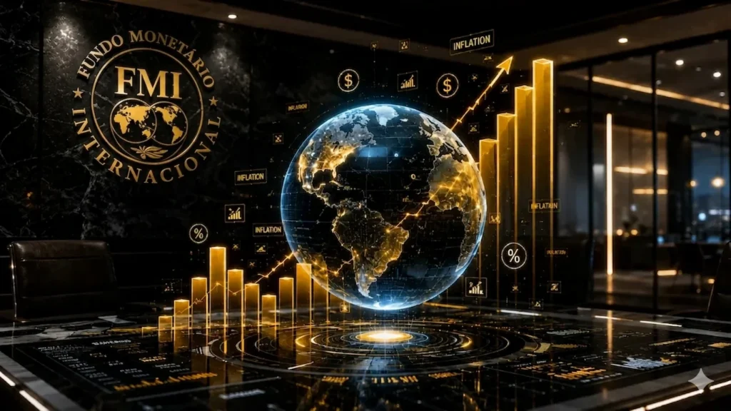 Por que a Guerra entre Irã e Estados Unidos tem Impacto Global? Painel digital com projeção do planeta Terra e barras de crescimento financeiro em escritório do FMI, ilustrando a análise da economia global.