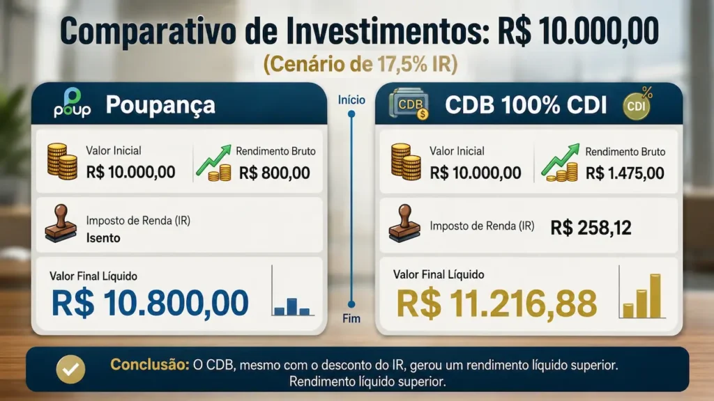 Comparativo entre poupança e CDB 100% CDI mostrando rendimento líquido de investimento de R$ 10 mil.