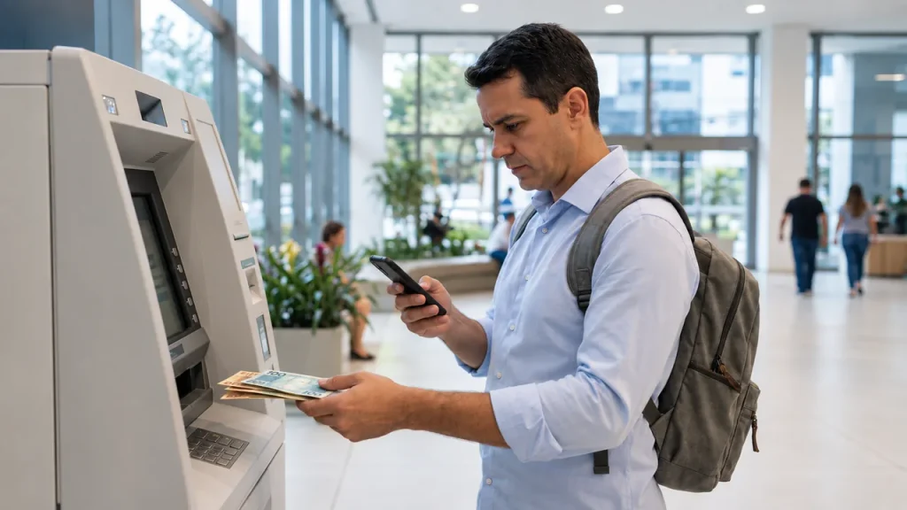 CDB ou Poupança: Qual Rende Mais em 2026? Homem de camisa azul com mochila consultando o celular ao lado de um caixa eletrônico, com notas de dinheiro na mão, após um saque.