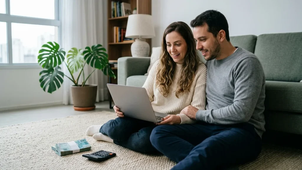 CDB ou Poupança: Qual Rende Mais em 2026? Casal sentado no chão da sala comparando investimentos no notebook, com um maço de cédulas de R$ 100 e uma calculadora no tapete.