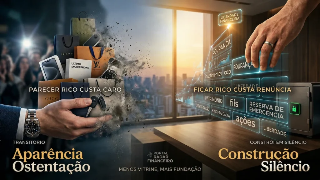 Os 7 Comportamentos Práticos para Construir Riqueza Real em Silêncio Infográfico comparativo sobre educação financeira: de um lado a ostentação e consumo, do outro a construção de patrimônio com FIIs e Ações.