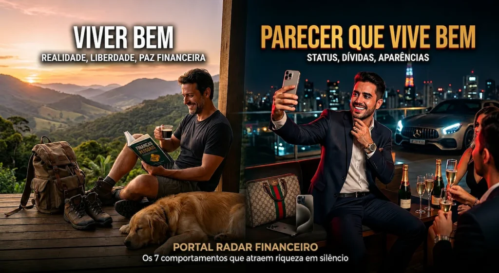Homem lendo livro sobre finanças na natureza em contraste com homem tirando selfie ostentando carros e festas de luxo na cidade.