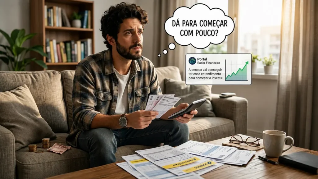 Homem no sofá segurando contas pensando se dá para começar com pouco investimento em Fundos Imobiliários FIIs.