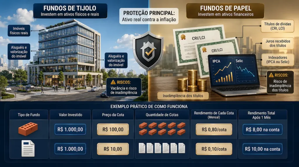 Infográfico comparando fundos de tijolo e fundos de papel com características, riscos, rendimentos e exemplo prático.