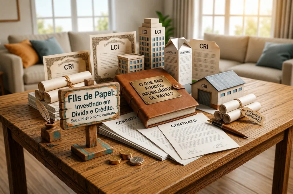 Livro e papéis sobre a mesa com siglas CRI e LCI representando investimentos em Fundos Imobiliários de Papel ou FIIs de papel