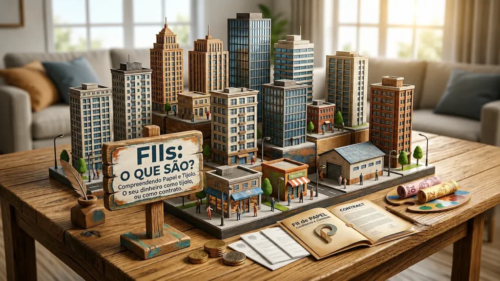 Maquete de cidade com prédios e placa escrita FIIs O QUE SÃO representando investimentos em Fundos Imobiliários de papel e tijolo