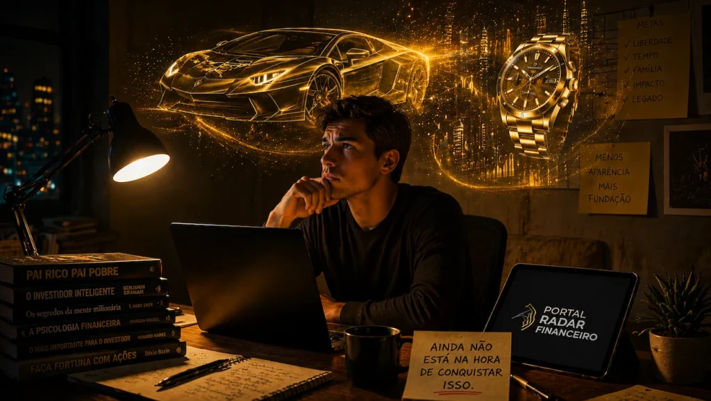Homem focado estudando finanças no notebook com livros de investimentos e mentalidade de riqueza projetando metas de longo prazo.