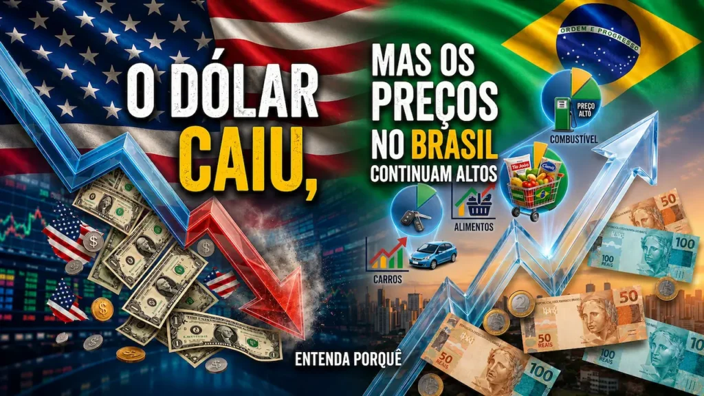 Dólar caiu, mas preços seguem altos? Entenda o porquê! Dólar em queda e preços altos no Brasil: infográfico sobre custo de vida, alimentos, combustíveis e automóveis.