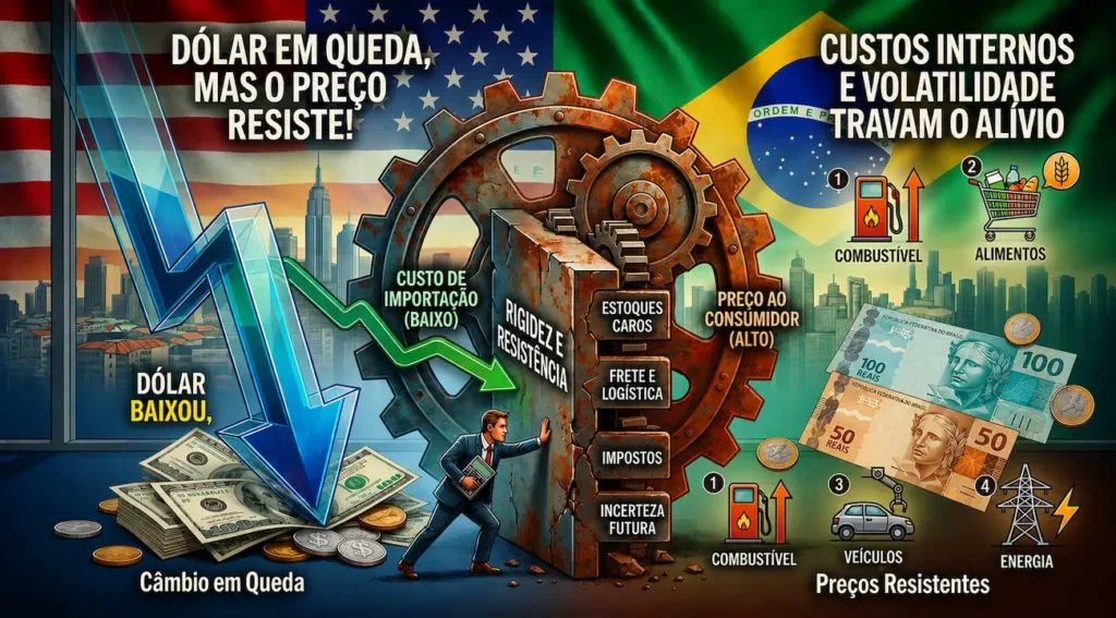 Dólar caiu, mas preços seguem altos? Entenda o porquê! Infográfico: Por que a queda do dólar não reduz preços no Brasil? Entenda o impacto dos custos internos e da logística.
