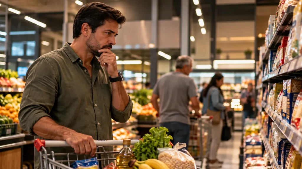 Taxa Selic cai para 13,75% ao ano: o que muda nos investimentos e no seu bolso? Homem pensativo com a mão no queixo empurra um carrinho de compras num corredor de supermercado, avaliando os preços, ilustrando a desaceleração da inflação