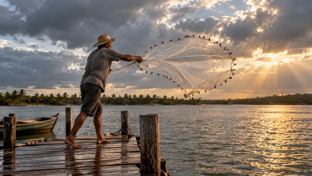 Taxa Selic cai para 13,75% ao ano: o que muda nos investimentos e no seu bolso? Pescador lança uma tarrafa sobre a água de uma lagoa a partir de um píer de madeira, sob céu de nuvens carregadas com feixes de luz, simbolizando a incerteza sobre os próximos passos da Selic