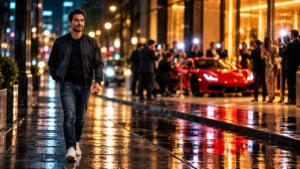 Homem de roupa simples caminha tranquilo por calçada molhada à noite enquanto, ao fundo desfocado, pessoas fotografam um carro esportivo vermelho em frente a uma loja de luxo.