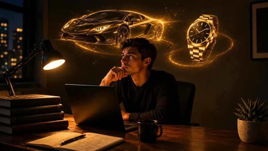 Ser Rico ou Parecer Rico? 7 Hábitos que Fazem a Diferença Jovem pensativo em sua mesa de estudo à noite imagina um carro esportivo e um relógio de luxo desenhados em luz dourada.