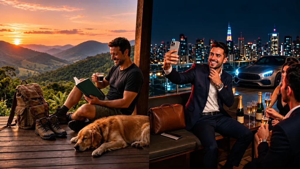 Ser Rico ou Parecer Rico? 7 Hábitos que Fazem a Diferença Tela dividida: homem lê e toma café com seu cachorro numa varanda na montanha ao pôr do sol, enquanto outro tira selfie com champanhe e carro de luxo numa cobertura à noite.