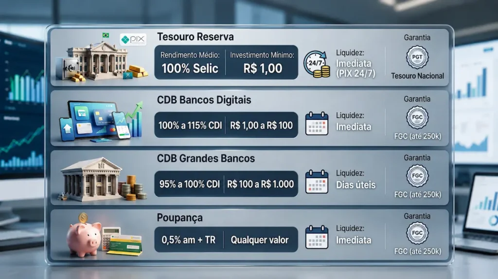 Tesouro Reserva: O Fim das Caixinhas dos Bancos? Comparativo entre Tesouro Reserva, CDB e poupança com rendimento, liquidez, garantia e investimento mínimo.