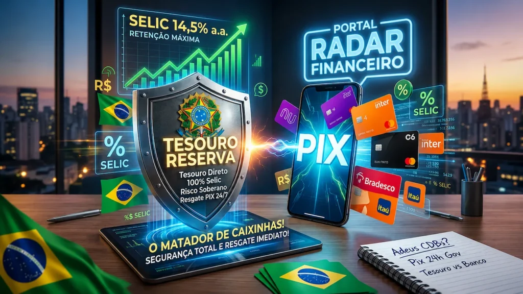 Infográfico do Tesouro Reserva destacando rentabilidade Selic de 14,5% ao ano, resgate imediato via PIX e comparação com caixinhas de bancos digitais.