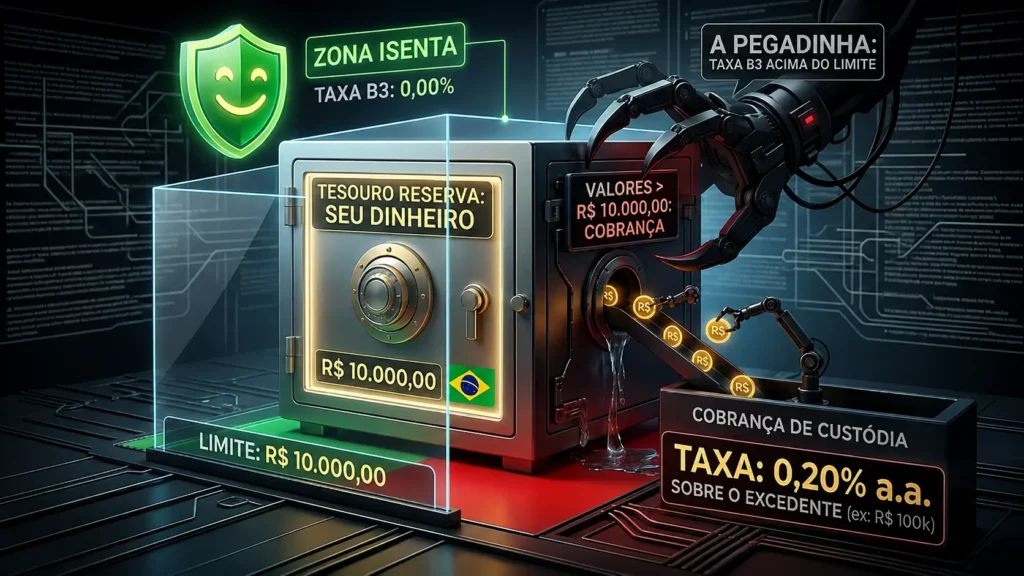 Infográfico sobre taxa de custódia do Tesouro Reserva mostrando isenção de taxa B3 até 10 mil reais e cobrança de 0,20% ao ano sobre o valor excedente.