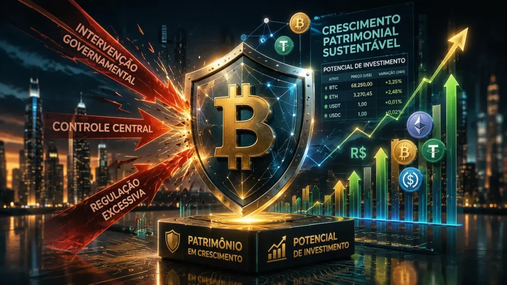 Bitcoin representa o principal ativo do mercado de criptomoedas, com foco em proteção patrimonial e crescimento no longo prazo.