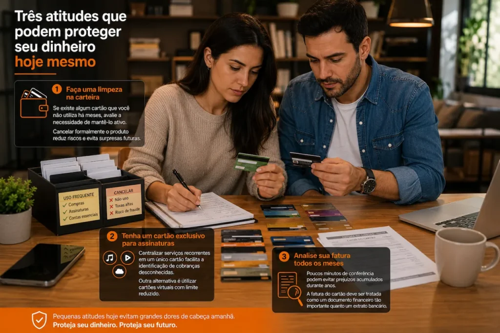 Casal revisando faturas e organizando diversos cartões de crédito para proteger o dinheiro e evitar cobranças indevidas.