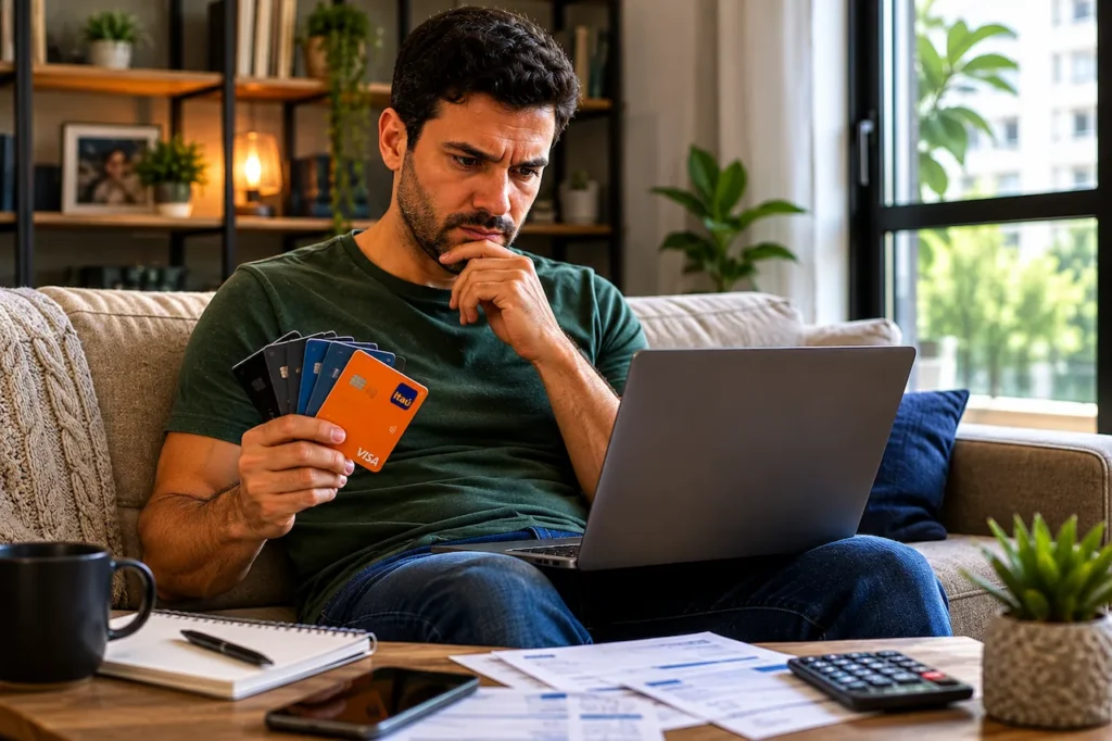 Homem sentado no sofá analisando diversos cartões de crédito Itaú pelo notebook para organizar as finanças.
