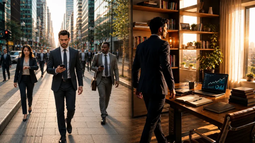 A Armadilha da Acomodação: O Maior Obstáculo para a Prosperidade Homem troca a rotina automática pelo desenvolvimento pessoal e planejamento financeiro.