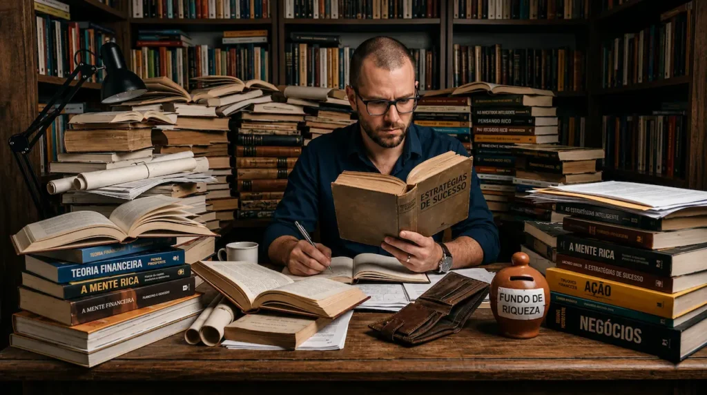 Porque conhecimento sem ação não gera riqueza Pessoa acumulando conhecimento sobre investimentos e prosperidade financeira por meio de livros e estudos.