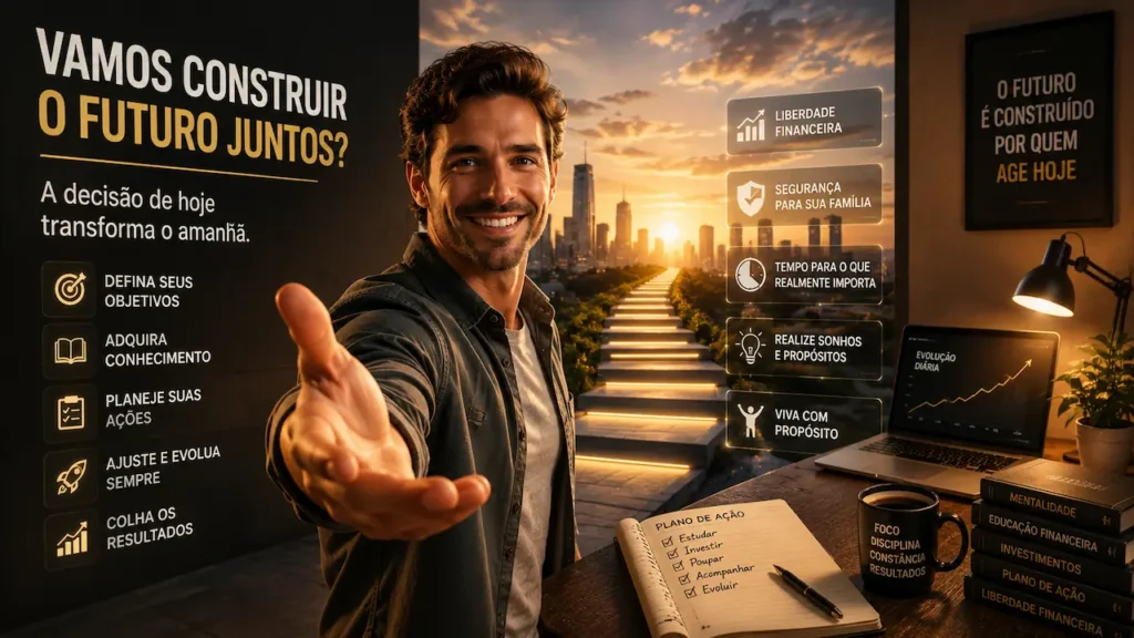 Porque conhecimento sem ação não gera riqueza Pessoa convidando o leitor a agir e construir prosperidade financeira através do conhecimento e da ação.