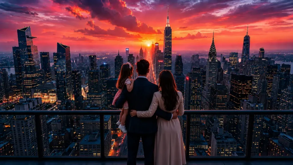A Armadilha da Acomodação: O Maior Obstáculo para a Prosperidade Família contempla a cidade ao pôr do sol, simbolizando prosperidade, liberdade e conquistas construídas.