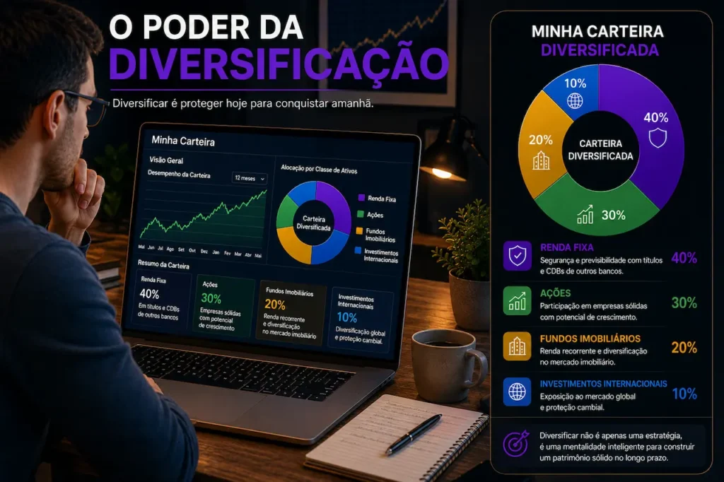 Nubank envia aviso de liquidação e assusta clientes; entenda o que aconteceu Investidor analisa carteira diversificada com renda fixa, ações, fundos imobiliários e ativos internacionais.
