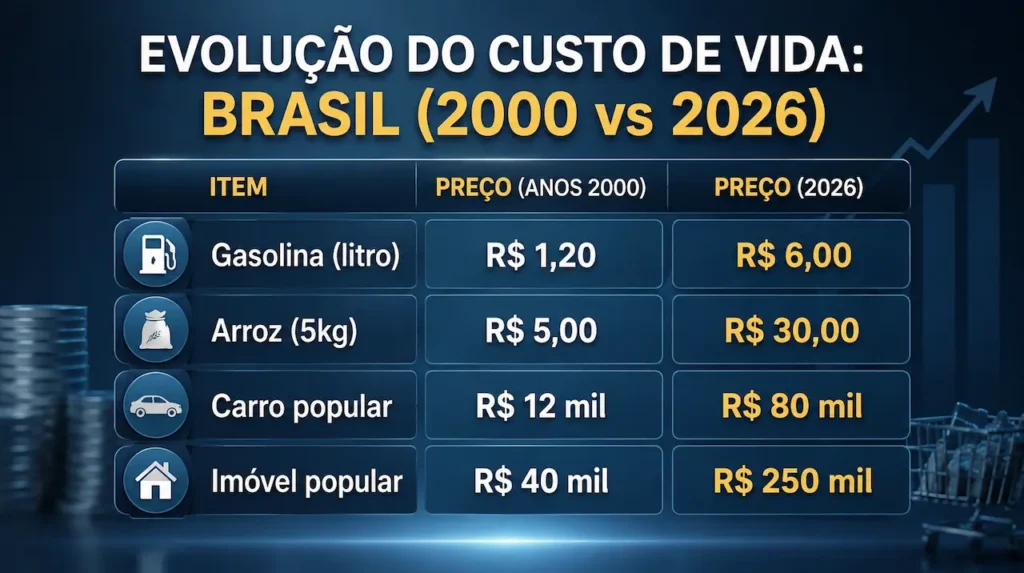 Por que realizar seus sonhos está mais difícil? Ilustração mostra aumento dos preços de alimentos, combustíveis, veículos e imóveis causado pela inflação.