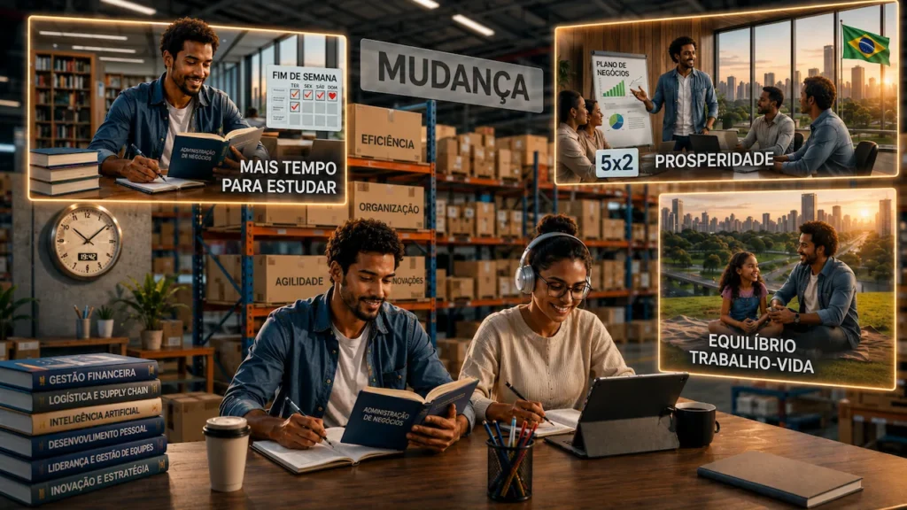 Fim da Escala 6x1: Entenda Como a Mudança Pode Impactar Trabalhadores e Empresas Montagem destacando o crescimento profissional com o fim da escala 6x1, mostrando estudos, qualificação e melhor equilíbrio entre vida pessoal e trabalho.