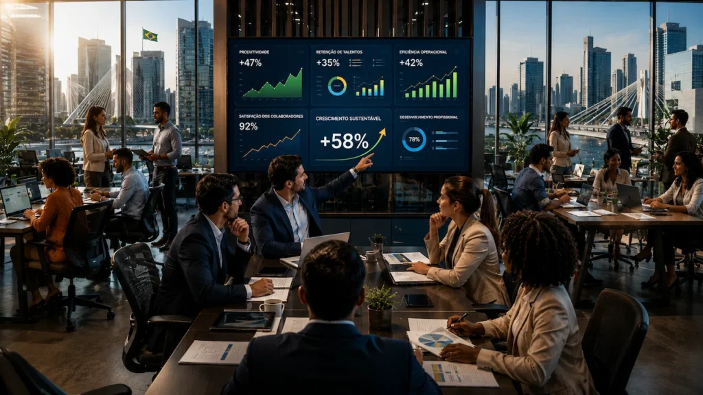Fim da Escala 6x1: Entenda Como a Mudança Pode Impactar Trabalhadores e Empresas Gráfico corporativo mostrando aumento de produtividade e eficiência operacional após a adoção de novas escalas de trabalho em empresas modernas.