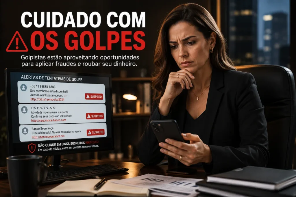 Mulher preocupada analisando alertas de golpes e tentativas de fraudes financeiras no celular e no computador.