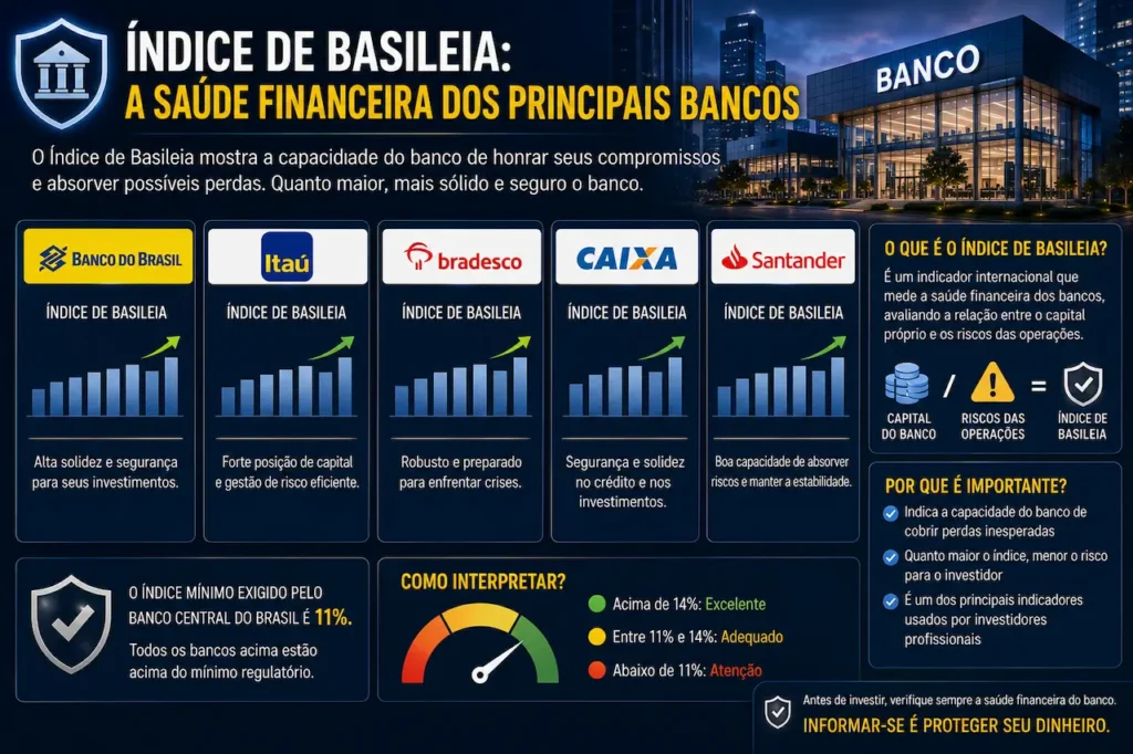 Como Analisar a Saúde Financeira de um Banco Antes de Investir seu Dinheiro Infográfico comparando o Índice de Basileia de grandes bancos e explicando como ele mede a saúde financeira para investir.