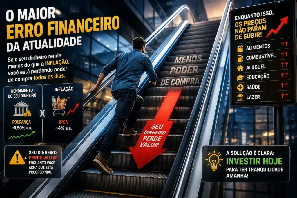Por que realizar seus sonhos está mais difícil? Homem sobe escada rolante enquanto a inflação reduz o poder de compra e o valor do dinheiro.