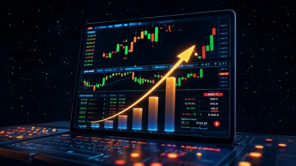 Ações para iniciantes: gráfico de crescimento representa valorização dos investimentos e patrimônio no longo prazo.
