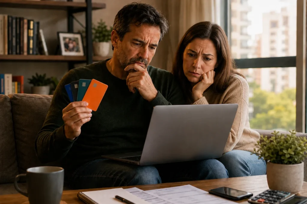 Casal sentado no sofá analisando notebook e comparando vários cartões de crédito genéricos para identificar cobranças indevidas na fatura.