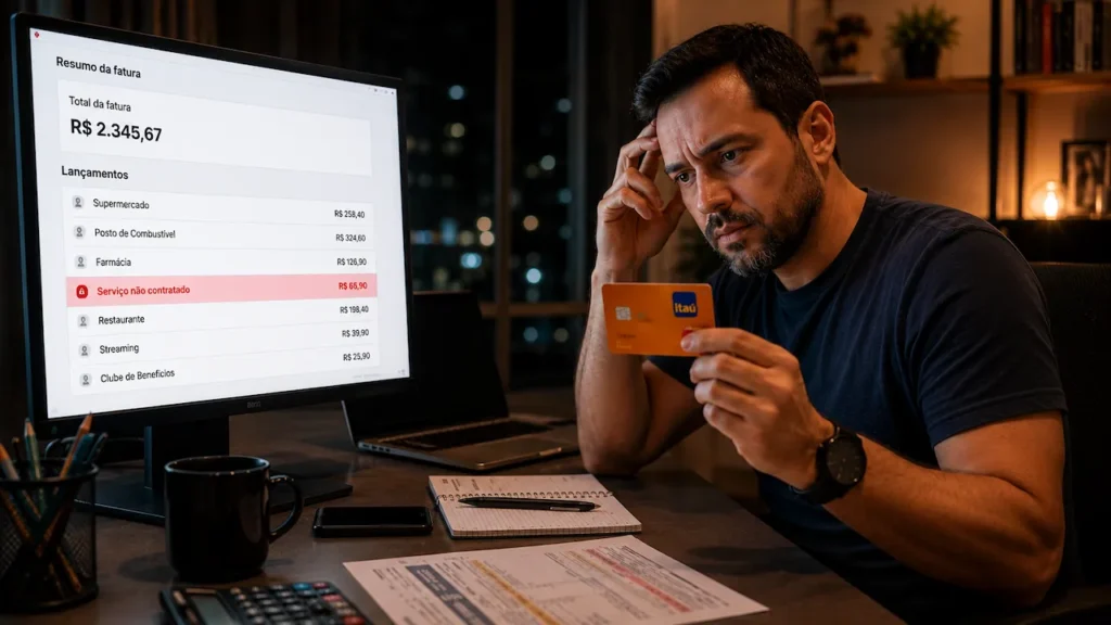 Itaú: Caso Envolvendo Cobranças Acende Alerta aos Clientes Homem preocupado analisando fatura de cartão de crédito Itaú com cobrança indevida de serviço não contratado.