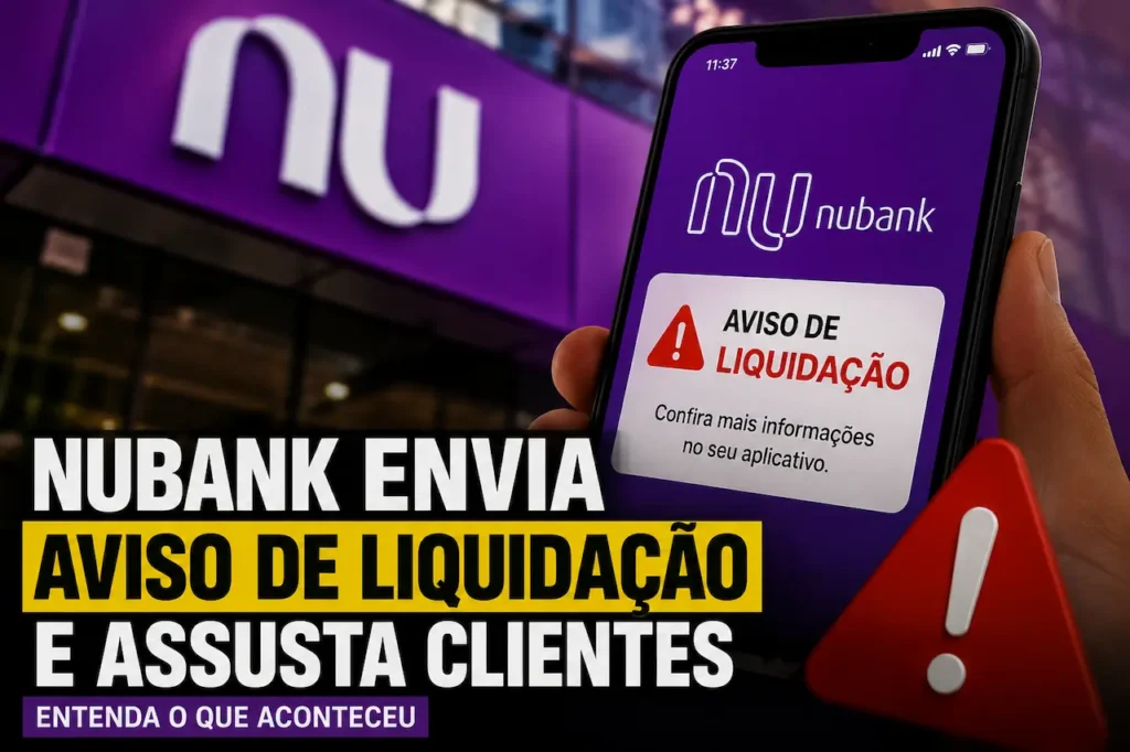 Nubank envia aviso de liquidação e assusta clientes; entenda o que aconteceu Celular exibindo aviso de liquidação do Nubank em frente à identidade visual do banco, ilustrando comunicado que gerou dúvidas entre clientes.
