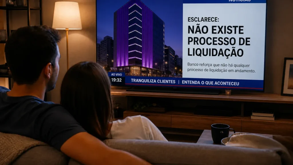 Casal assistindo, de sofá, a um noticiário na TV que traz o esclarecimento do banco de que não existe processo de liquidação em andamento