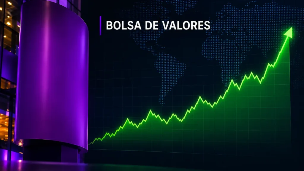 Gráfico de bolsa de valores em tendência de alta ao lado de fachada de prédio corporativo roxo, representando estabilidade do mercado financeiro apesar do episódio