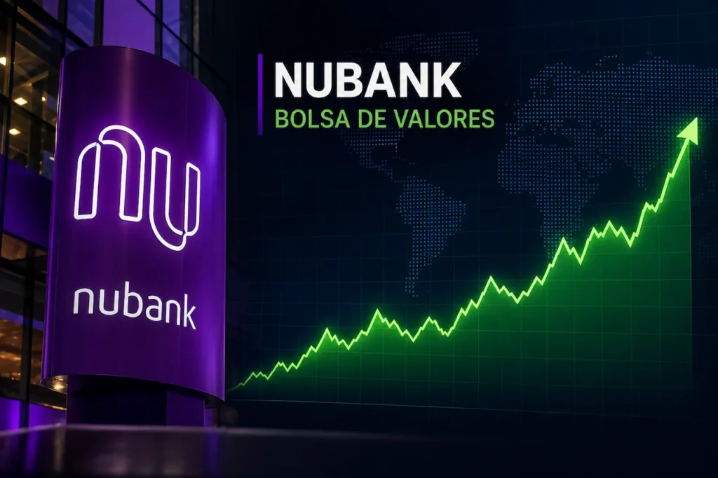 Nubank envia aviso de liquidação e assusta clientes; entenda o que aconteceu Logo do Nubank ao lado de gráfico de alta, ilustrando estabilidade da instituição no mercado financeiro.