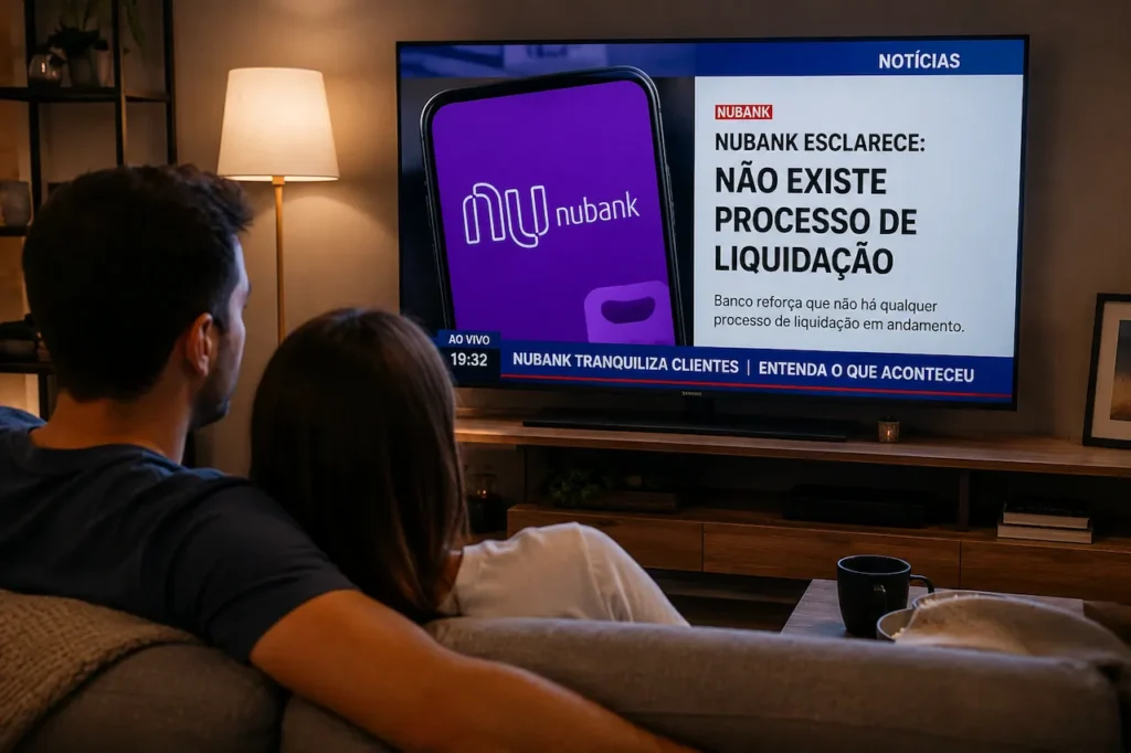 Nubank envia aviso de liquidação e assusta clientes; entenda o que aconteceu Casal assiste reportagem na televisão sobre esclarecimento do Nubank negando processo de liquidação.
