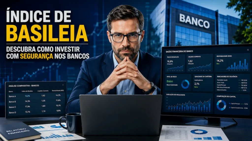 Como Analisar a Saúde Financeira de um Banco Antes de Investir seu Dinheiro Investidor profissional analisando tabelas e métricas de saúde financeira de bancos para garantir investimentos seguros.