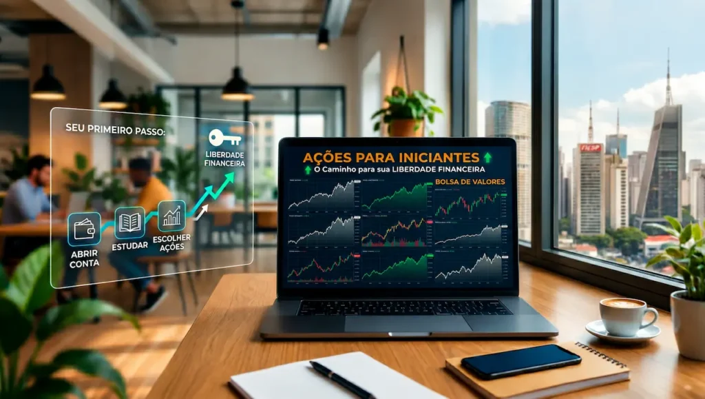 Ações para iniciantes: notebook exibe gráficos da bolsa e passos para começar a investir em ações.