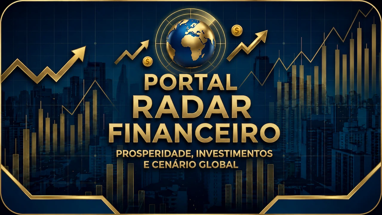 Logo oficial do Portal Radar Financeiro em azul e dourado com globo e seta de crescimento.