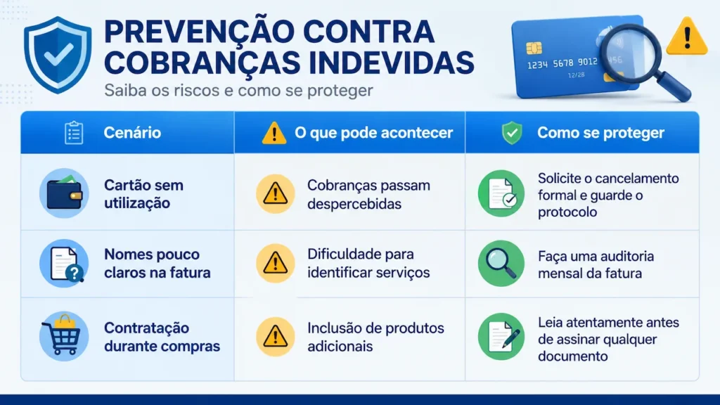 Tabela de prevenção contra cobranças indevidas listando cenários de risco e dicas de como se proteger no cartão de crédito.
