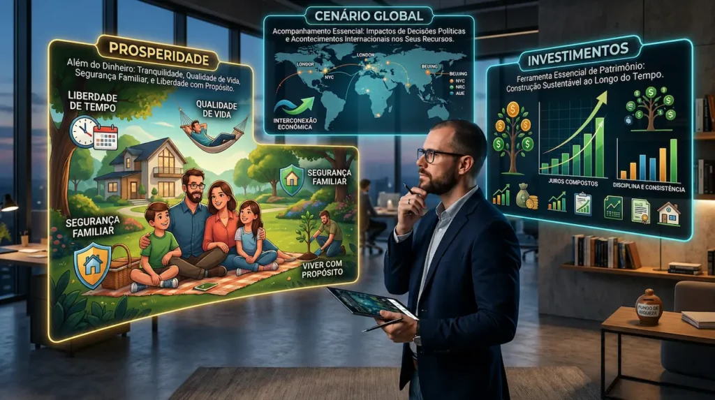 Porque conhecimento sem ação não gera riqueza Representação dos pilares prosperidade, investimentos e cenário global na construção da riqueza.