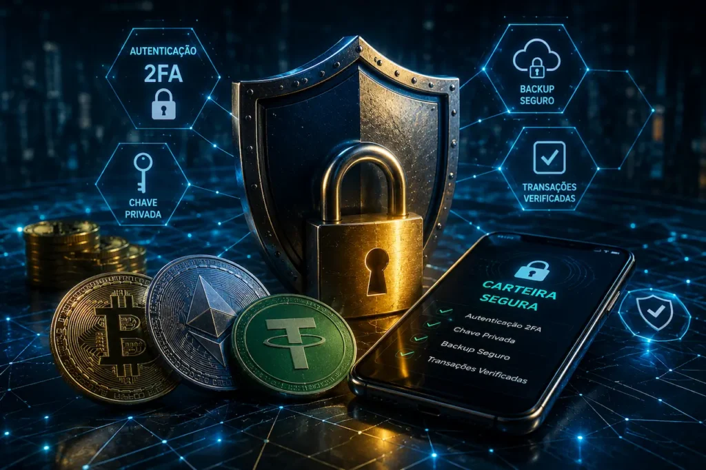 Segurança em criptomoedas com autenticação em dois fatores, chave privada e proteção da carteira digital.