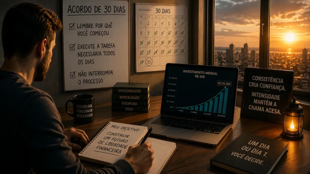 Intensidade e Consistência: O Segredo da Prosperidade Homem segue plano de 30 dias para conquistar liberdade financeira com disciplina, foco e constância nos investimentos.